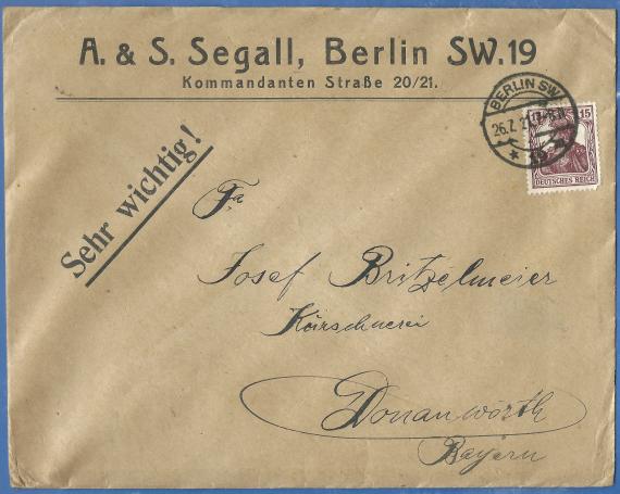 Geschäftsbriefumschlag von " A. & S. Segall " in Berlin, Kommandantenstraße 20/21, - versandt am 26. Juli 1921 