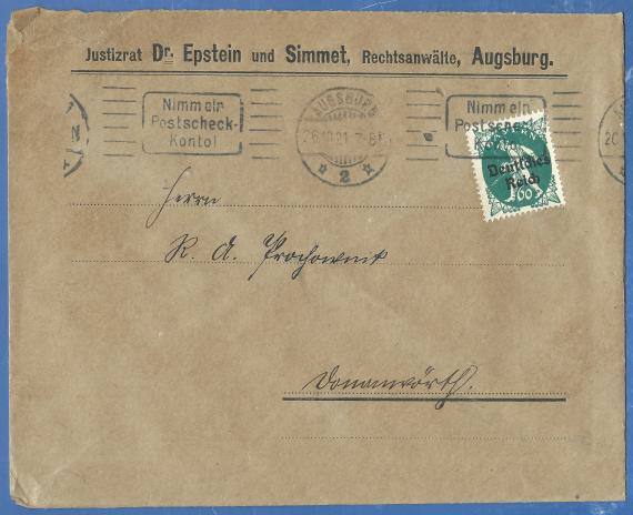 Business letter envelope from Justitrat Dr. Epstein and Simmet, attorneys at law, Augsburg, - sent to Donauwörth on October 26, 1921 to attorney Prochownik