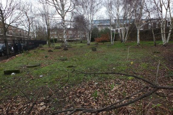 Gravestones in tall grass. Partly fallen over. Houses in the vicinity.