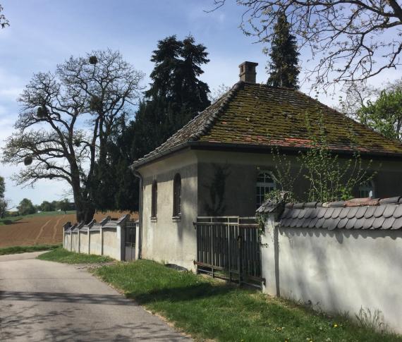 Jewish cemetery in Öhringen in April 2019 - southern cemetery wall with Tahara house