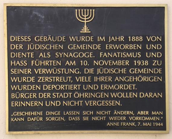 Gedenktafel zur Erinnerung an die ehemalige Synagoge und die Jüdische Gemeinde in Öhringen