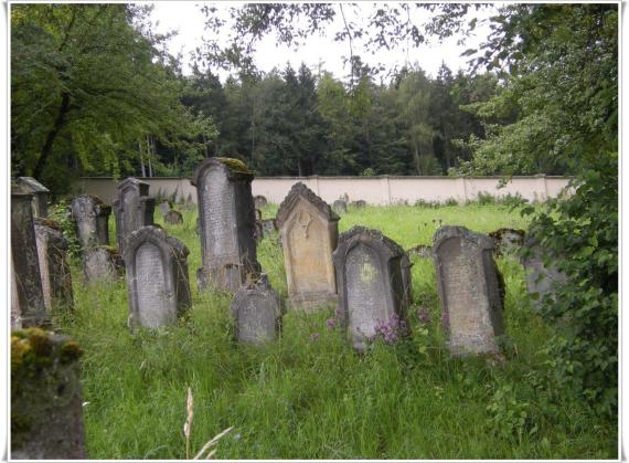 Several gravestones. Crosswise from right to left. Behind crosswise the wall. Trees. Gloomy atmosphere. Only a piece of sky.