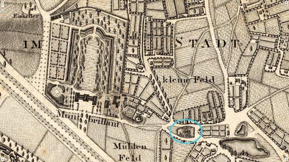 Juden Kirchhof: Alter jüdischer Friedhof weit vor den Toren der Stadt auf einem 1807 erschienener Plan der Stadt Hannover und Umgebung (Ausschnitt)