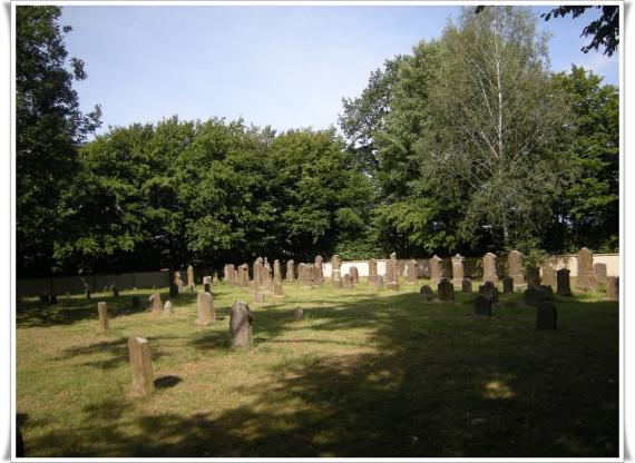 Blick aus einiger Entfernung auf den Friedhof. Einige Grabsteine sind zu sehen.