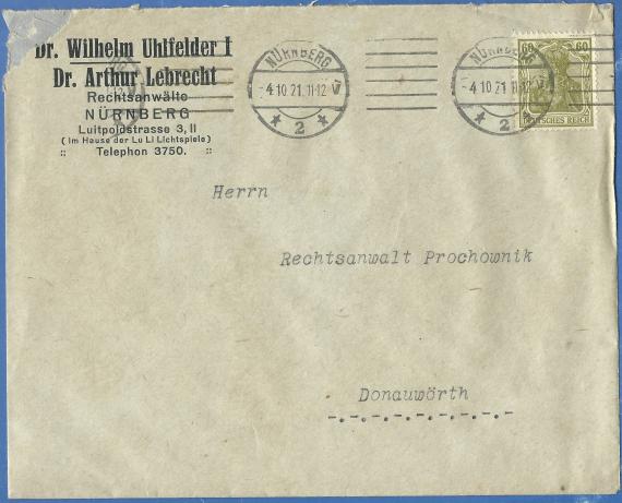 Envelope - Dr. Wilhelm Uhlfelder I - Dr. Arthur Lebrecht, Attorneys at Law, Nuremberg,Luitpoldstrasse 3 II, - mailed October 4, 1921