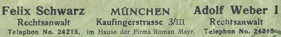 Geschäftsbriefumschlag der Rechtsanwälte Felix Schwarz & Adolf Weber I in München, Kaufingerstraße 3/III im Hause der Firma Roman Mayr -  versandt am 21. September 1921  -  Ausschnittvergrößerung Adresse Kanzlei