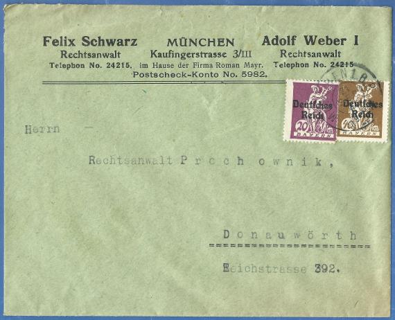 Geschäftsbriefumschlag der Rechtsanwälte Felix Schwarz & Adolf Weber I in München, Kaufingerstraße 3/III im Hause der Firma Roman Mayr -  versandt am 21. September 1921  