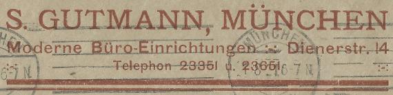 Geschäftsbriefumschlag von S. Gutmann, Moderne Büro-Einrichtungen, München,Dienerstraße 14 - versandt am 1. August 1921 - Ausschnittvergrößerung Geschäftsadresse