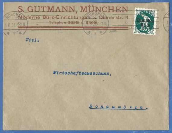 Geschäftsbriefumschlag von S. Gutmann, Moderne Büro-Einrichtungen, München,Dienerstraße 14 - versandt am 1. August 1921 