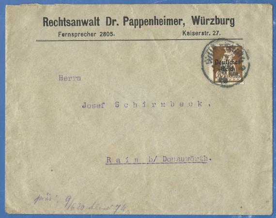 Geschäftsbriefumschlag von " Rechtsanwalt Dr. Pappenheimer " in Würzburg, Kaiserstraße 27, - versandt am 27. Mai 1920 