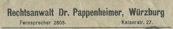 Business letter envelope from " Rechtsanwalt Dr. Pappenheimer " in Würzburg, Kaiserstraße 27, - mailed on May 27, 1920 - detail enlargement company address