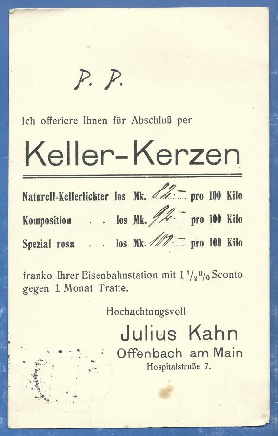 Business postcard from Julius Kahn, Offenbach, Hospitalstraße 7, - mailed in July 1917 - back of card