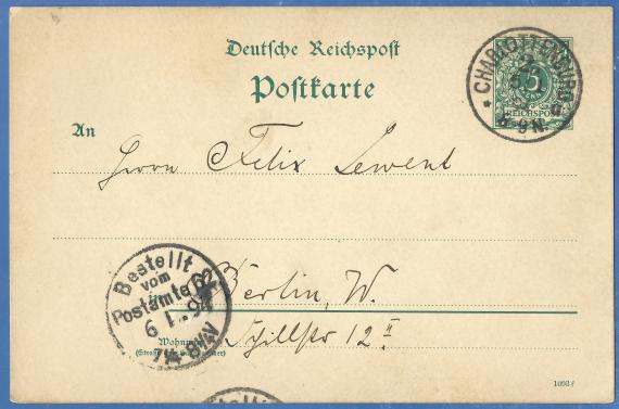 Postkarte von Bruno Sternberg, Berlin-Charlottenburg an Herrn Felix Lewent in Berlin, Schillstraße 12, - versandt am 5. Januar 1894