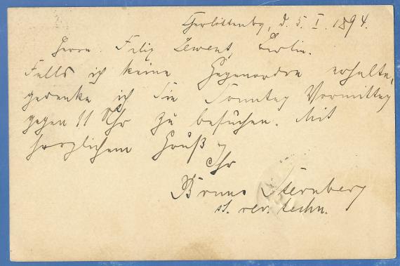 Postkarte - Felix Lewent Postkarte von Bruno Sternberg, Berlin-Charlottenburg an Herrn Felix Lewent in Berlin, Schillstraße 12, - versandt am 5. Januar 1894 - Kartenrückseite