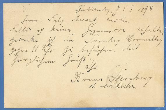 Postcard from Bruno Sternberg, Berlin-Charlottenburg to Mr. Felix Lewent in Berlin, Schillstraße 12, - mailed January 5, 1894 - back of card