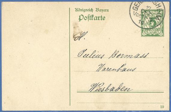 Postkarte geschäftlicher Art von Frau " Hoflieferant August Kahn " aus Germersheim an Herrn " Julius Bormass, Warenhaus " in Wiesbaden, - versandt am 17. Dezember 1910