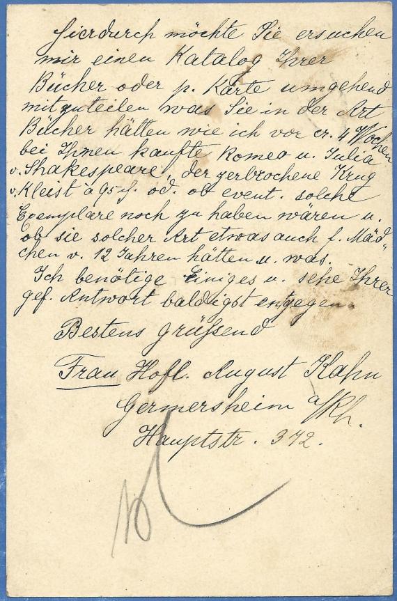 Postcard of business nature from Mrs. " Hoflieferant August Kahn " from Germersheim to Mr. " Julius Bormass, Warenhaus " in Wiesbaden, - mailed December 17, 1910 - back of card