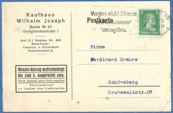 Geschäftspostkarte " Kaufhaus Wilhelm Joseph ", Großgörschenstraße 1 in Berlin, - versandt am 25. Oktober 1928 