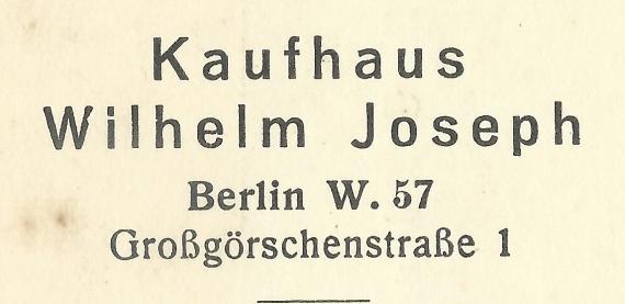 Geschäftspostkarte " Kaufhaus Wilhelm Joseph ", Großgörschenstraße 1 in Berlin, - versandt am 25. Oktober 1928  - Ausschnittvergrößerung Firmenadresse