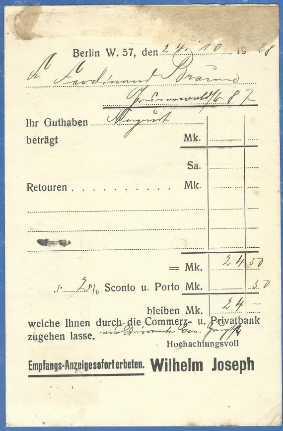 Business postcard " Kaufhaus Wilhelm Joseph ", Großgörschenstraße 1 in Berlin, - mailed on October 25, 1928 - back of card