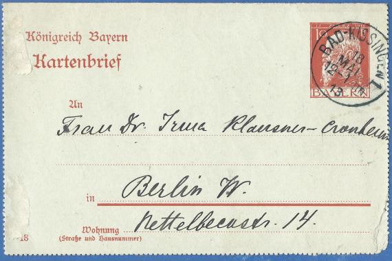 Kartenbrief - Dr. Irma Klausner-Cronheim Kartenbrief an Frau Dr. Irma Klausner-Cronheim in Berlin W., Nettelbeckstraße 14, - versandt am 18. Mai 1913 von Bad Kissingen
