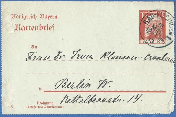 Card letter to Dr. Irma Klausner-Cronheim in Berlin W., Nettelbeckstraße 14, - sent on May 18, 1913 from Bad Kissingen.