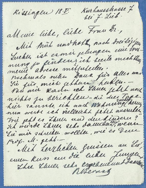 Card letter of private nature to Dr. Irma Klausner-Cronheim in Berlin W., Nettelbeckstraße 14, - sent on May 18, 1913 from Bad Kissingen - inside of letter