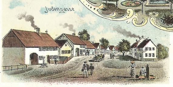 Lithographie-Ansichtskarte von Osterberg aus der Zeit um 1900 - Ausschnittvergrößerung Bild - Judengasse