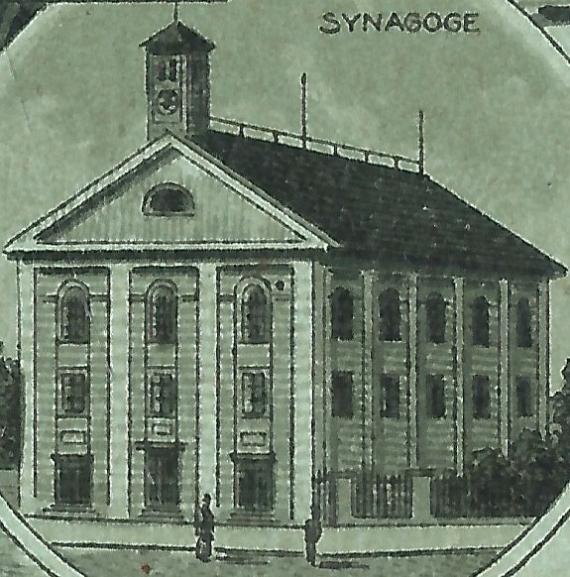 Lithograph picture postcard ( moonshine card ) - greeting from Buchau with several picture motifs, - sent on July 29, 1899 - detail enlargement synagogue