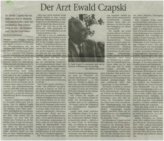 Zeitungsartikel über Dr. Ewald Czapski mit seinem Portraitfoto