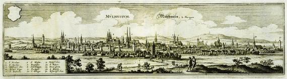 Copper engraving of the town of Mühlhausen around 1650 with naming of churches