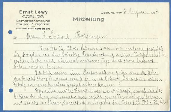 Mitteilungsschreiben der " Leimgroßhandlung / Farben / Zigarren - Ernst Lewy " von Coburg, - vom 7. August 1934  