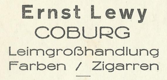 Mitteilungsschreiben der " Leimgroßhandlung / Farben / Zigarren - Ernst Lewy " von Coburg, - vom 7. August 1934  -  Ausschnittvergrößerung Briefkopf