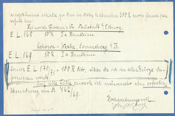 Letter of notification from the " Glue Wholesaler / Paints / Cigars - Ernst Lewy " of Coburg, - dated August 7, 1934 - reverse side