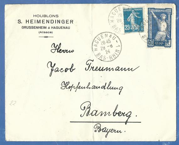 Briefumschlag - Jacob Treumann Briefumschlag an Herrn Jacob Treumann, Hopfenhandlung in Bamberg versandt am 29. August 1924 von S. Heimendinger in Grussenheim