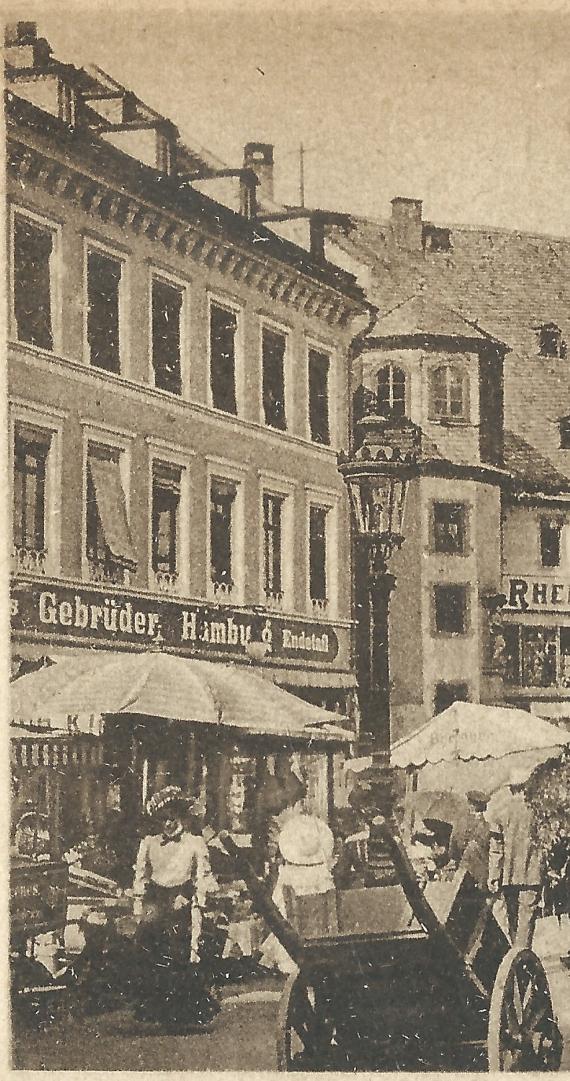 Alte Ansichtskarte von Mainz - Höfchen Markt - Ausschnittvergrößerung Textilgeschäft Hamburg - aus der Zeit um 1915-1925