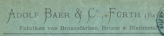 Business envelope of " Adolf Baer & Co, Fabriken für Bronzefarben,Brocat & Blattmetall " - mailed March 13, 1903 - detail enlargement company name