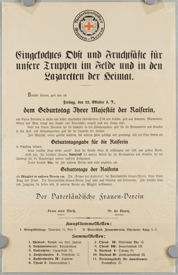 Vaterländischer Frauenverein, Aufruf zur Sammlung von Obst und Fruchtsäften für die Truppen und Lazarette anlässlich des Geburtstags der Kaiserin, Vaterländischer Frauenverein, Plakat