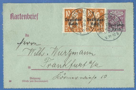 Kartenbrief - Wilhelm Wurzmann Kartenbrief privater Art an Herrn Wilhelm Wurzmann in Frankfurt, Körnerwiese 10, - versandt von Bad Kissingen am 29. Juni 1920 - Briefvorderseite