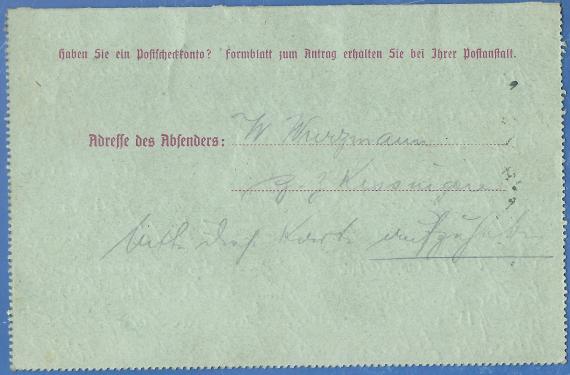 Kartenbrief - Wilhelm Wurzmann Kartenbrief privater Art an Herrn Wilhelm Wurzmann in Frankfurt, Körnerwiese 10, - versandt von Bad Kissingen am 29. Juni 1920 - Briefrückseite