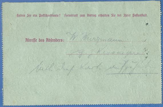 Kartenbrief privater Art an Herrn Wilhelm Wurzmann in Frankfurt, Körnerwiese 10, - versandt von Bad Kissingen am 29. Juni 1920 - Briefrückseite