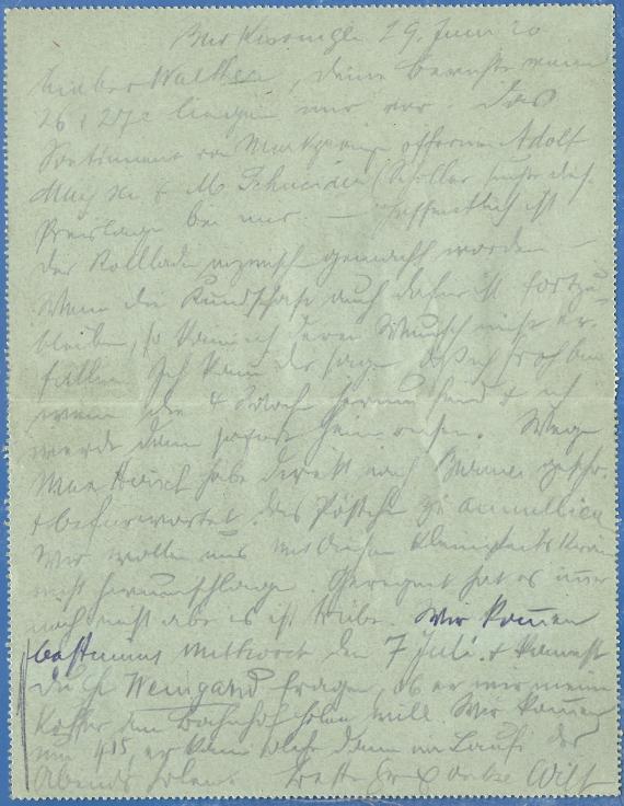 Kartenbrief privater Art an Herrn Wilhelm Wurzmann in Frankfurt, Körnerwiese 10, - versandt von Bad Kissingen am 29. Juni 1920 - Briefinnenseite