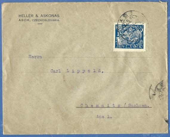 Geschäfts-Briefumschlag der " Strumpf- und Handschuhfabrik Heller & Askonas " , - versandt am 15. April 1924