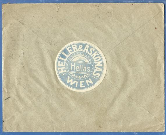 Briefumschlag - Heller & Askonas Geschäfts-Briefumschlag der " Strumpf- und Handschuhfabrik Heller & Askonas " , - versandt am 15. April 1924 - Briefumschlag-Rückseite