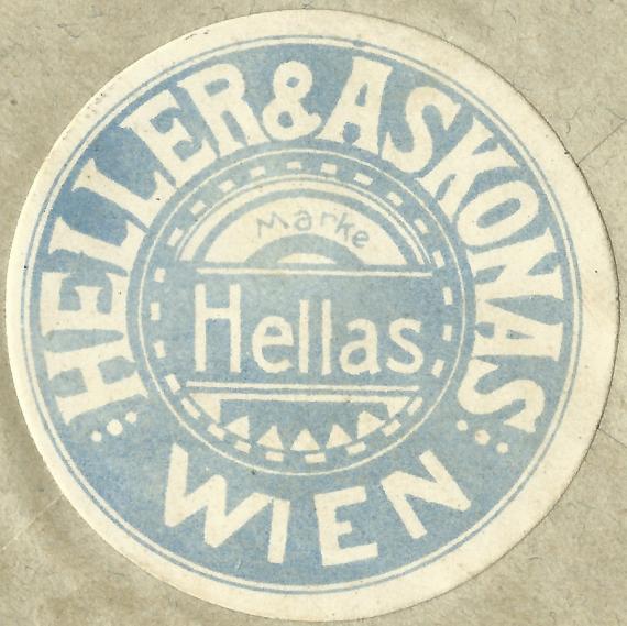 Geschäfts-Briefumschlag der " Strumpf- und Handschuhfabrik Heller & Askonas " , - versandt am 15. April 1924  - Werbemarke " Hellas " auf der Rückseite