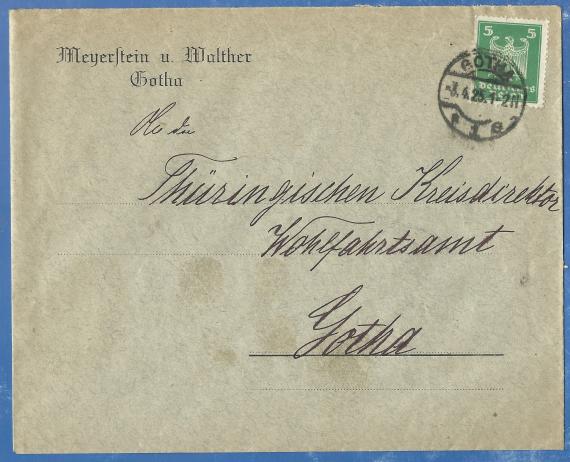 Envelope of the horse shop Meyerstein & Walther in Gotha, - mailed on April 3, 1925