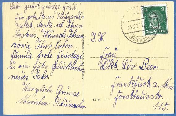 Old picture postcard of Braunsbach of private nature, - sent on 25.12.1927 to Mrs. Dr. Löv - Beer, Frankfurt am Main, Forsthausstraße 115 - back of the card