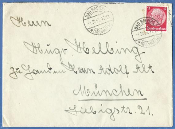 Briefumschlag an Herrn Hugo Helbing - zu Händen Herrn Adolf Abt, München, Liebigstr. 21, - versandt von Bad Sachsa am 4. Oktober 1937 