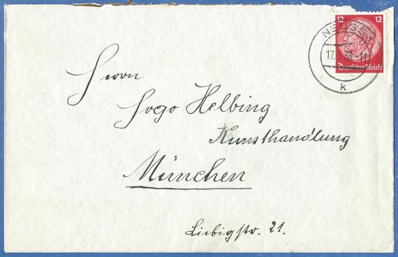 Briefumschlag an Hern Hugo Helbing, Kunsthandlung, München, Liebigstr.21, - versandt von Neuss am 17. Mai 1938