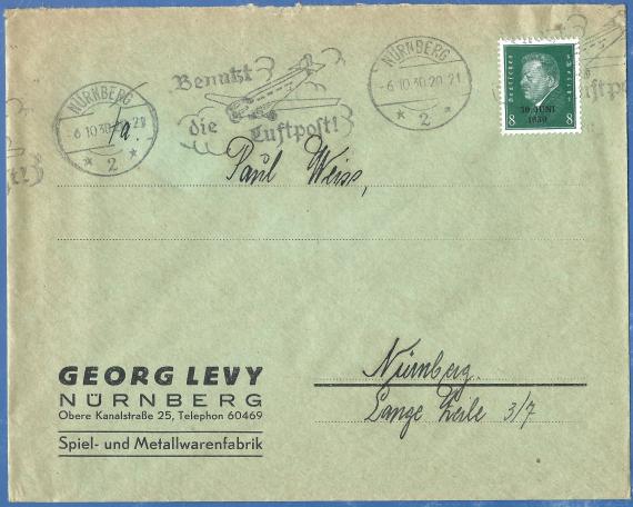 Geschäfts-Briefumschlag der Spiel- und Metallwarenfabrik Georg Levy in Nürnberg, Obere Kanalstraße 5, - versandt am 6. Oktober 1930 